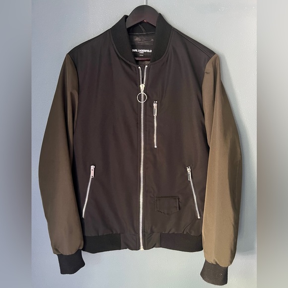 KARL LAGERFELD bomber jacket, black w/ olive sleeves, Small, worn once. - Picture 2 of 5